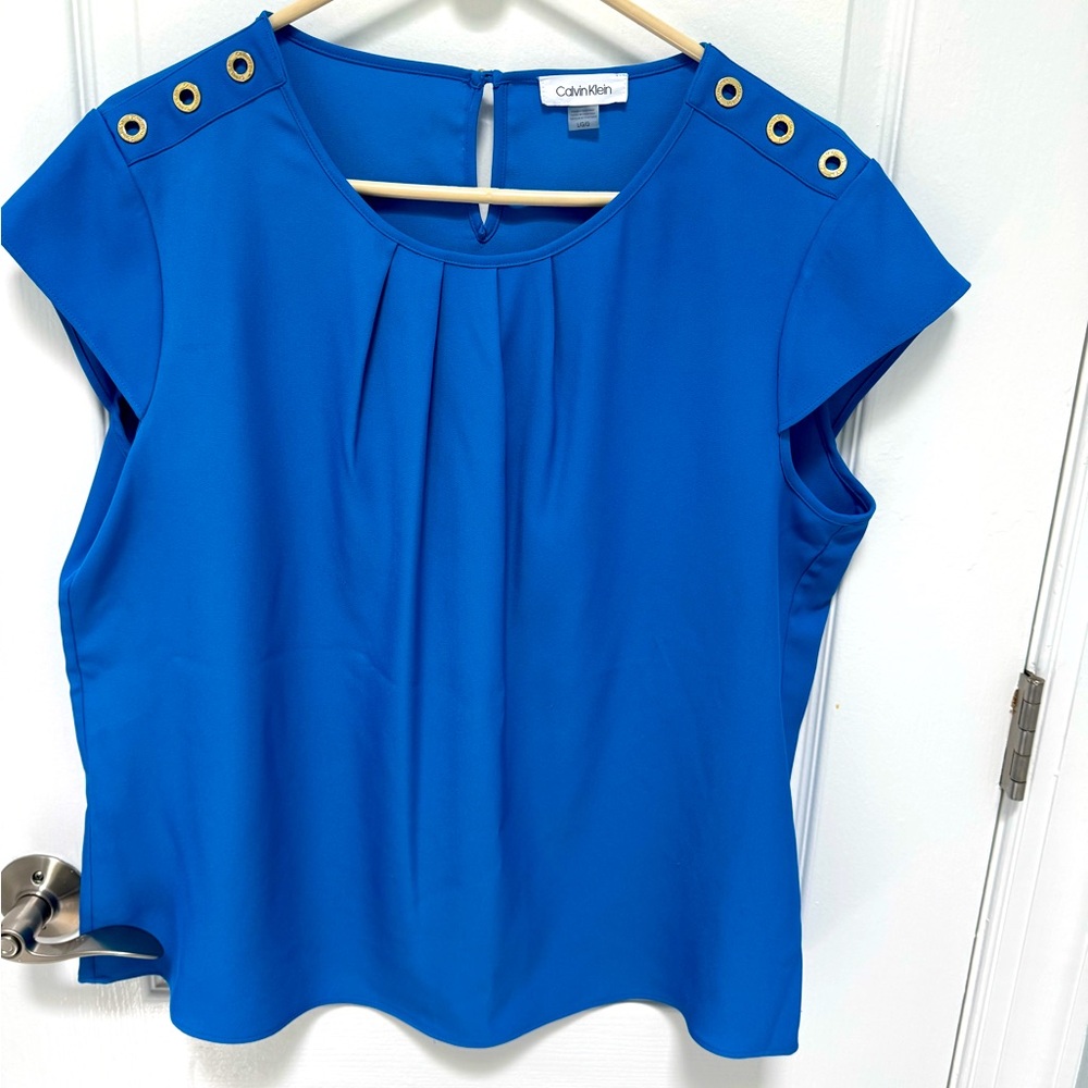 Calvin Klein Women’s Electric Blue Blouse, Size Large, Metal Accents on Shoulder